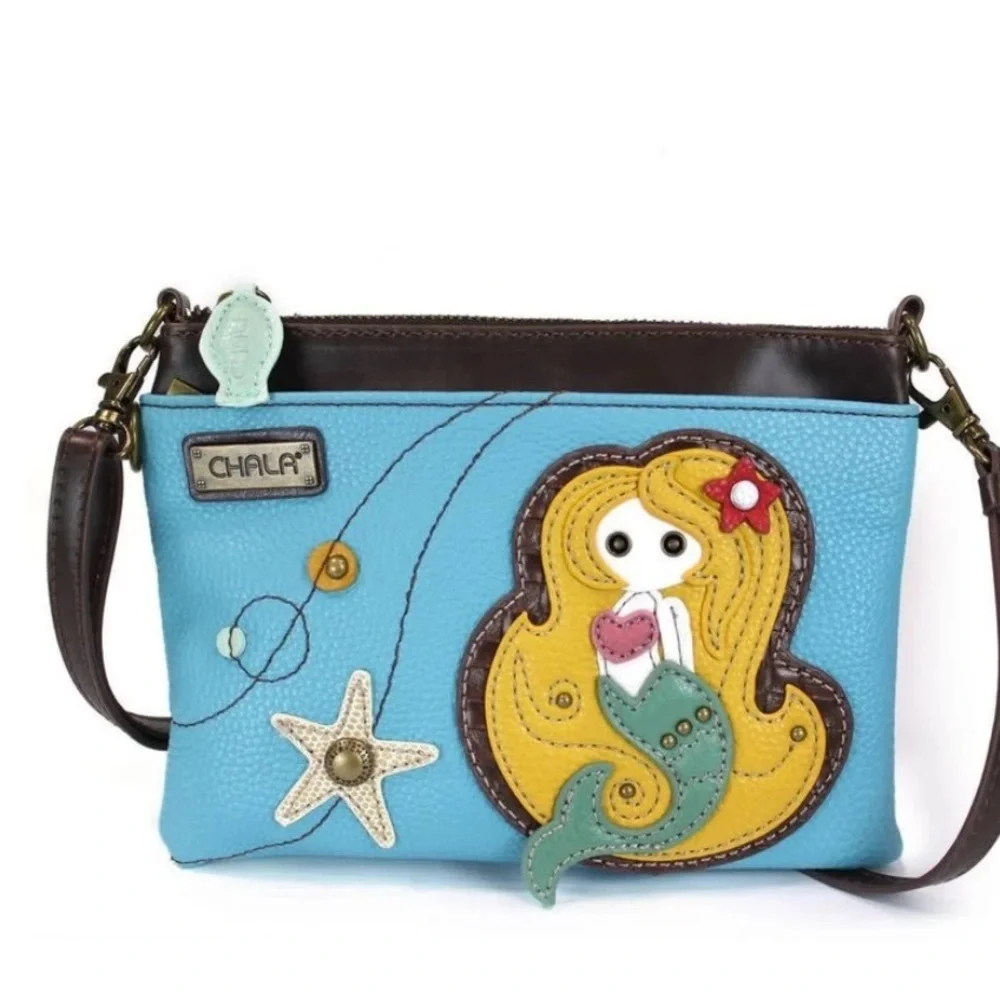 Chala Light Blue Mermaid small Crossbody Bag with Brown Trim